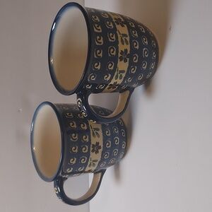 Boleslawiec Polish Pottery Mug SET OF 2 Blue Cream Unikat hand painted mugs